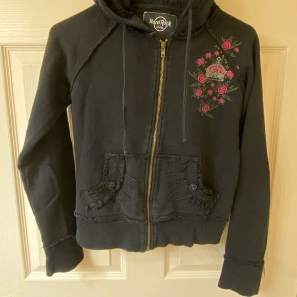 Hard Rock Hotel Biloxi Distressed Black w/ Roses & Crown Hoodie - Picture 4 of 8